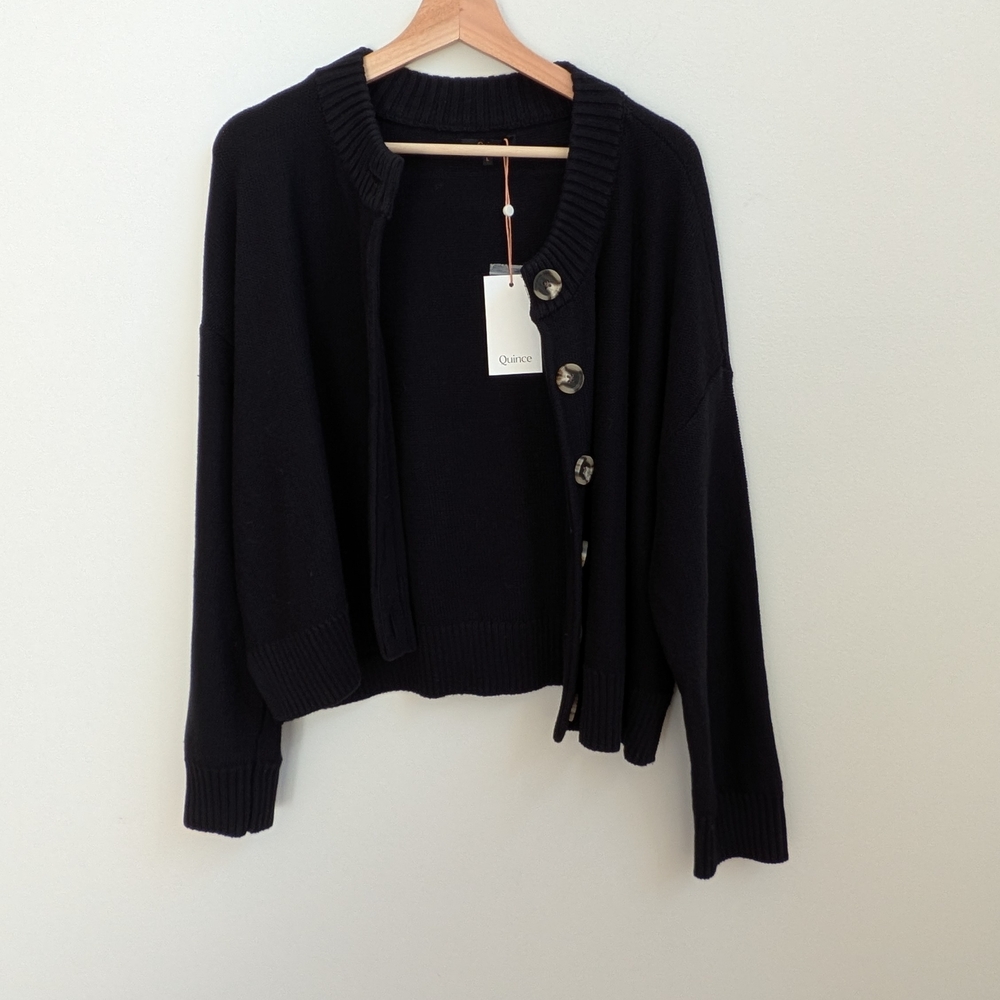 Quince 100% Organic Cotton Cropped Black Button Front Cardigan Size Large NWT